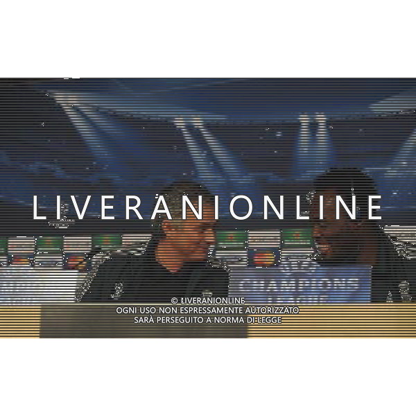 Jose Mourinho Manager with Michael Essien during press conference at the Santiago Bernabeu Stadium Real Madrid 2012/13 Preview to tomorrow night\'s champions league match between Real Madrid Vs Manchester United 12/02/13 The Champions League Photo: Robin Parker Fotosports International AG ALDO LIVERANI S A S ONLY ITALY