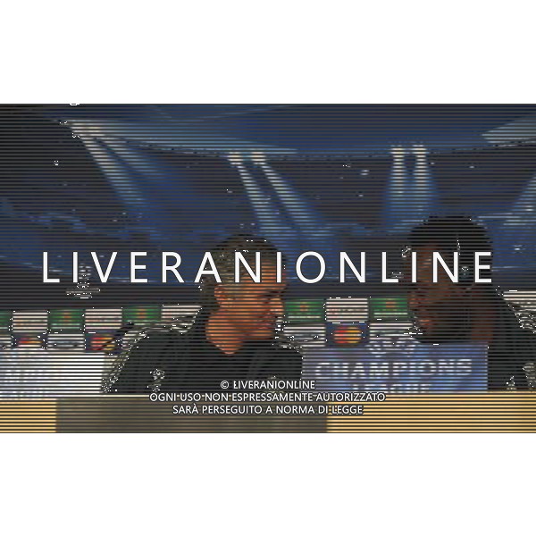 Jose Mourinho Manager with Michael Essien during press conference at the Santiago Bernabeu Stadium Real Madrid 2012/13 Preview to tomorrow night\'s champions league match between Real Madrid Vs Manchester United 12/02/13 The Champions League Photo: Robin Parker Fotosports International AG ALDO LIVERANI S A S ONLY ITALY
