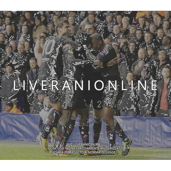 Olympique Lyonnais Samuel Umtiti celebrates scoring his sides first goal with his team mates. Spurs beat Lyon 2:1 Tottenham Hotspur 14/02/13 Tottenham Hotspur V Olympique Lyonnais 14/02/13 UEFA Europa League Photo: Richard Washbrooke Fotosports International AG ALDO LIVERANI S A S ONLY ITALY