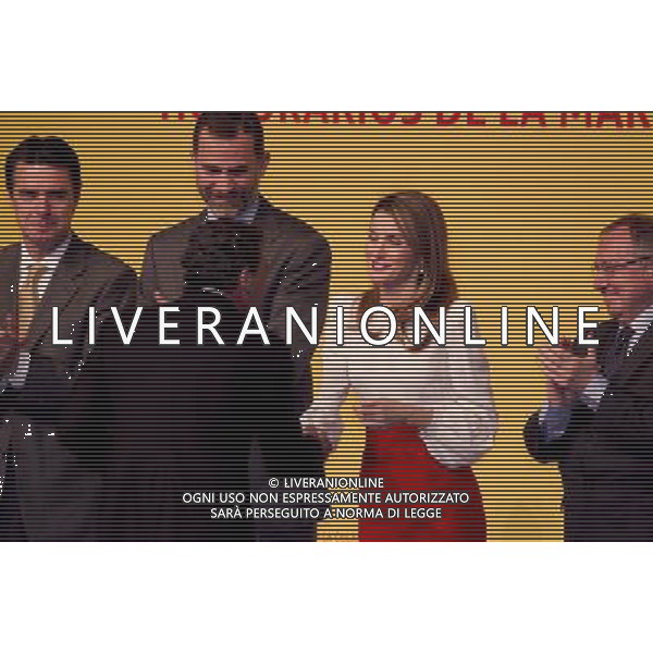 120213.MC. SS.AA.RR. LOS PRINCIPES DE ASTURIAS. ENTREGA DE LAS ACREDITACIONES A LOS NUEVOS EMBAJADORES DE LA 5» EDICION DE LOS \'EMBAJADORES HONORARIOS DE LA MARCA ESPA„A CIUDAD BANCO SANTANDER. MADRID. Fernando Alonso (en la categor’a de Deportes), Antonio Banderas (Cultura y Comunicaci—n), Isak Andic (Gesti—n Empresarial), JosŽ AndrŽs (Turismo y Gastronom’a), Mar’a Blasco (Ciencia e Innovaci—n) la Organizaci—nNacional de Trasplantes (Acci—n Social), Pedro Nueno (RelacionesInstitucionales) y la Alta Velocidad Espa–ola (acreditaci—n extraordinaria) ©photoshot /AGENZIA ALDO LIVERANI SAS - ITALY ONLY - REALI SPAGNOLI: Il Principe Felipe con la moglie Laetitia Principi delle Asturie alla 5a edizione di consegna dei premi per i nuovi ambasciatori Onorari a Madrid Spagna 12 febbraio 2013