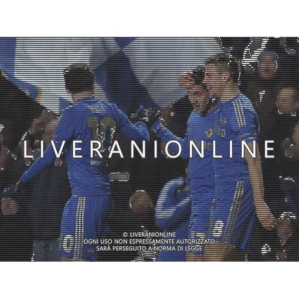 Stamford Bridge Chelsea v Sparta Prague (1-1, 2-1 agg) Europa League 21/02/13 Eden Hazard, scorer of the goal which puts Chelsea through, celebrates with Juan Mata and Cesar Aspilicueta Photo: Roger Parker Fotosports International AG ALDO LIVERANI S A S ONLY ITALY