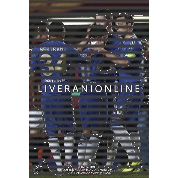 (130222) -- LONDON, Feb. 22, 2013 () --Eden Hazard (C) of Chelsea celebrates his goal with teammates John Terry(1st R), Gary Cahill (2nd R) and Ryan Bertrand (1st L) after the UEFA Europa League round of 32 second leg match between Chelsea and Sparta Prague at Stamford Bridge in London, Britain on February 21, 2013. The match ended with a 1-1 draw and Chelsea reached the last 16 with a 2-1 score in total.(/Wang Lili) ©photoshot/AGENZIA ALDO LIVERANI SAS - ITALY ONLY - EDITORIAL USE ONLY CHELSEA - SPARTA PRAGA EUROPA LEAGUE