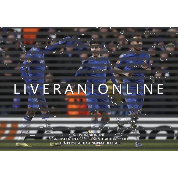 (130222) -- LONDON, Feb. 22, 2013 () --Eden Hazard (C) of Chelsea celebrates his goal with teammate John Obi Mikel (L) during the UEFA Europa League round of 32 second leg match between Chelsea and Sparta Prague at Stamford Bridge in London, Britain on February 21, 2013. The match ended with a 1-1 draw and Chelsea reached the last 16 with a 2-1 score in total. (/Wang Lili) ©photoshot/AGENZIA ALDO LIVERANI SAS - ITALY ONLY - EDITORIAL USE ONLY CHELSEA - SPARTA PRAGA EUROPA LEAGUE