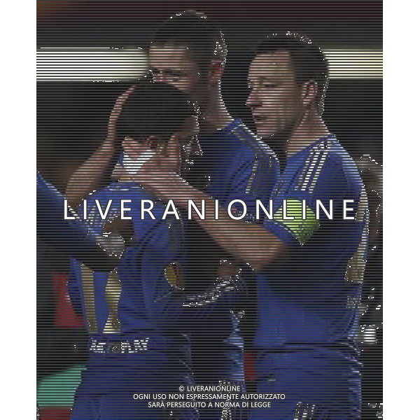 (130222) -- LONDON, Feb. 22, 2013 () -- Eden Hazard (L) of Chelsea celebrates his goal with teammates John Terry(R) and Gary Cahill after the UEFA Europa League round of 32 second leg match between Chelsea and Sparta Prague at Stamford Bridge in London, Britain on February 21, 2013. The match ended with a 1-1 draw and Chelsea reached the last 16 with a 2-1 score in total. (/Wang Lili) AG ALDO LIVERANI S A S ONLY ITALY