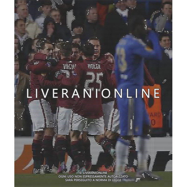 (130221) -- LONDON, Feb. 21, 2013 () -- Players of Sparta Prague celebrate David Lafata\'s goal during the UEFA Europa League round of 32 second leg match between Chelsea and Sparta Prague at Stamford Bridge in London, Britain, on Feb. 21, 2013. The match ended with a 1-1 draw and Chelsea reached the last 16 with a 2-1 score in total. (/Wang Lili) AG ALDO LIVERANI S A S ONLY ITALY