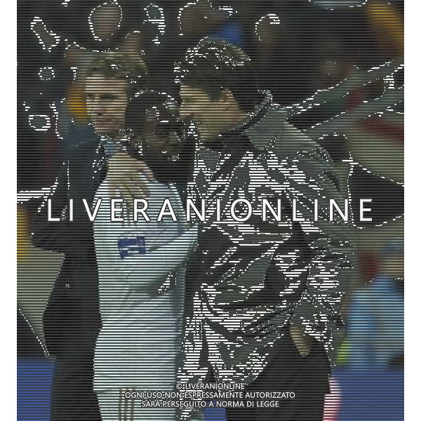 Wembley Stadium Bradford city v Swansea City (0-5) Capital One Cup Final 24/02/2013 Swansea manager Michael Laudrup gives Man of the Match and scorer of two goals Nathan Dyer a hug as he is substituted, before getting the chance to be the first player to score a hat-trick in the League Cup Final Photo: Roger Parker Fotosports International ©PHOTOSHOT/AGENZIA ALDO LIVERANI SAS - ITALY ONLY - EDITORIAL USE ONLY