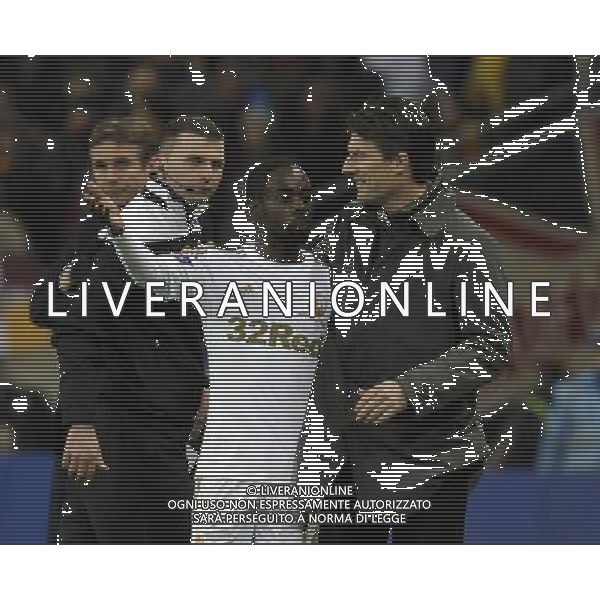 Wembley Stadium Bradford city v Swansea City (0-5) Capital One Cup Final 24/02/2013 Swansea manager Michael Laudrup gives Man of the Match and scorer of two goals Nathan Dyer a hug as he is substituted, before getting the chance to be the first player to score a hat-trick in the League Cup Final Photo: Roger Parker Fotosports International ©PHOTOSHOT/AGENZIA ALDO LIVERANI SAS - ITALY ONLY - EDITORIAL USE ONLY