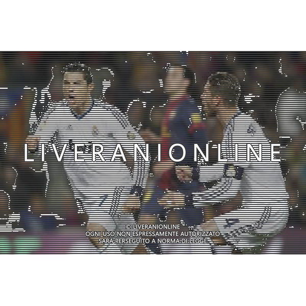 Real Madrid\'s Cristiano Ronaldo (l) and Sergio Ramos celebrate goal during Copa del Rey - King\'s Cup semifinal second match.February 26,2013. (ALFAQUI/Acero) AG ALDO LVERANI S A S ONLY ITALY