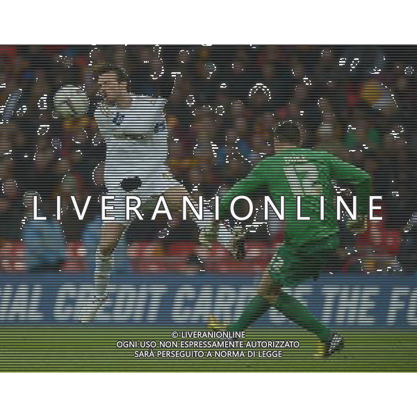 Bradford City\'s Matt Duke clears while under pressure from Swansea City\'s Michu Football - Capital One Cup Final - Bradford City v Swansea City - Sunday 24th February 2013 - Wembley National Stadium - Wembley - London © CameraSport - 43 Linden Ave. Countesthorpe. Leicester. England. LE8 5PG - Tel: +44 (0) 116 277 4147 - admin@camerasport.com - www.camerasport.com ©photoshot/AGENZIA ALDO LIVERANI SAS - ITALY ONLY - EDITORIAL USE ONLY