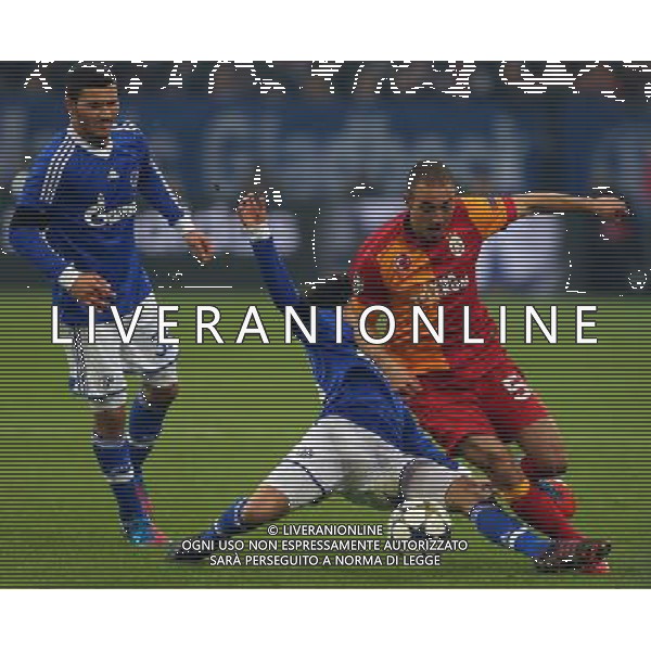 UEFA Champions League second match between Schalke 04 and Galatasaray at Veltins arena in Gelsenkirchen, Germany 12.03.2013 Match Scored: Schalke 04 (2) - Galatasaray (3) Pictured: Nordin Amrabat of Galatasaray and Sead Kolasinac and Atsuto Uchida of Schalke 04. ©PHOTOSHOT/AGENZIA ALDO LIVERANI SAS - ITALY ONLY - EDITORIAL USE ONLY
