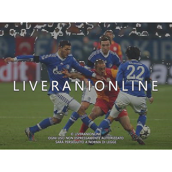 UEFA Champions League second match between Schalke 04 and Galatasaray at Veltins arena in Gelsenkirchen, Germany 12.03.2013 Match Scored: Schalke 04 (2) - Galatasaray (3) Pictured: Nordin Amrabat of Galatasaray and Sead Kolasinac, Marco Hšger and Atsuto Uchida of Schalke 04. ©PHOTOSHOT/AGENZIA ALDO LIVERANI SAS - ITALY ONLY - EDITORIAL USE ONLY
