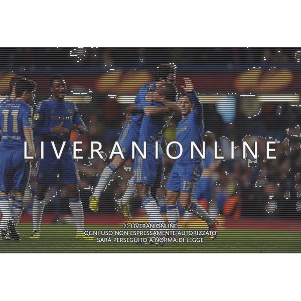 Juan Mata Celebrates Scoring 1st goal with team mate Ramires Chelsea 2012/13 Chelsea V FC Steaua Bucuresti (3-1) 14/03/13 UEFA Europa League Round of 16 Photo: Robin Parker Fotosports International ©PHOTOSHOT/AGENZIA ALDO LIVERANI SAS - ITALY ONLY - EDITORIAL USE ONLY
