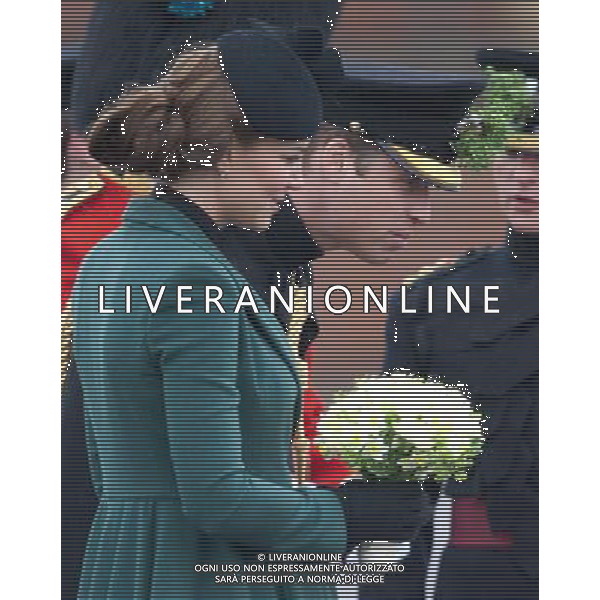 The Duke and Duchess of Cambridge visit the 1st Battalion Irish Guards at the St Patrickês Day Parade at Mons Barracks, Aldershot, Hampshire, UK. The Duke of Cambridge attended the Parade as Colonel of the Regiment. Her Royal Highness presented the traditional sprigs of shamrocks to the Officers and Guardsmen of the Regiment. 17-3-2013 ©photoshot/AGENZIA ALDO LIVERANI SAS - ITALY ONLY - REALI INGLESI: Il principe William d\'inghilterra con la moglie kate middleton in visita al 1mo battaglione delle Guardie irlandesi alla parata nel giorno di san patrizio, Hampshire, Regno Unito 17 marzo 2013 
