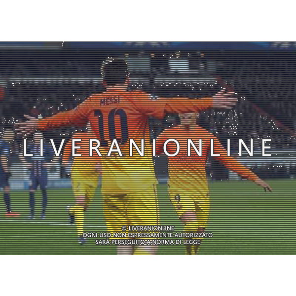 UEFA Champions League\'s quarter-final first leg between Paris Saint-Germain FC and FC Barcelona at the Parc des Princes stadium on April 2, 2013 in Paris France, Parc des Princes, Paris St Germain v Barcelona (2-2) Champions League Quarter Final 1st Leg 02/04/2013 Lionel Messi (Barcelona) Photo: Roger Parker Fotosports International ©photoshot/AGENZIA ALDO LIVERANI SAS - ITALY ONLY - PSG Paris Saint Germain FC - FC Barcellona Gara di andata di UEFA Champions League quarti di finale allo stadio Parc des Princes a Parigi, Francia 2 aprile 2013 - esultanza dopo il gol