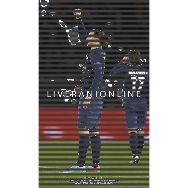 UEFA Champions League\'s quarter-final first leg between Paris Saint-Germain FC and FC Barcelona at the Parc des Princes stadium on April 2, 2013 in Paris France, Parc des Princes, Paris St Germain v Barcelona (2-2) Champions League Quarter Final 1st Leg 02/04/2013 Zlatan Ibrahimovich (PSG) celebrates equaliser to make it 1-1 Photo: Roger Parker Fotosports International ©photoshot/AGENZIA ALDO LIVERANI SAS - ITALY ONLY - PSG Paris Saint Germain FC - FC Barcellona Gara di andata di UEFA Champions League quarti di finale allo stadio Parc des Princes a Parigi, Francia 2 aprile 2013 - esultanza dopo il gol