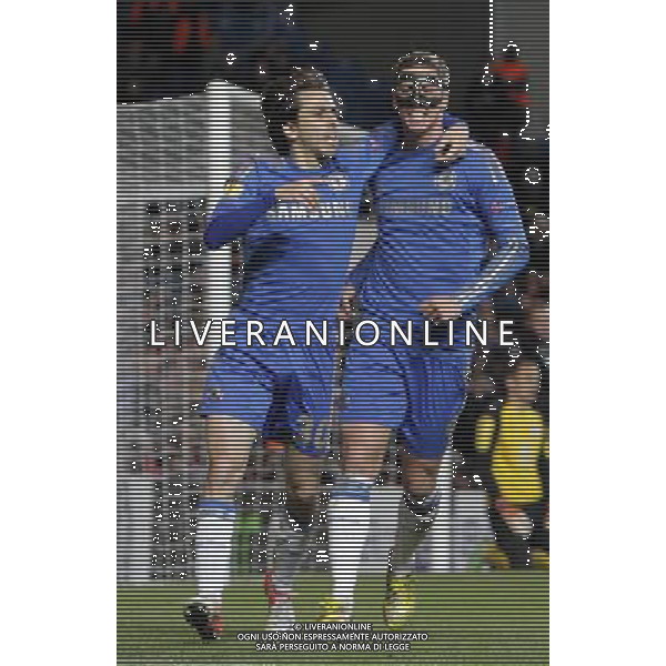Chelsea\'s Fernando Torres celebrates scoring his sides third goal with Chelsea\'s Yossi Benayoun. Chelsea are beating Rubin Kazan 3:1 Chelsea 04/04/13 Chelsea V Rubin Kazan 04/04/13 Europa League Quarter Final 1st Leg Photo: Richard Washbrooke Fotosports International ©PHOTOSHOT/AGENZIA ALDO LIVERANI SAS - ITALY ONLY - EDITORIAL USE ONLY Chelsea Vs Rubin Kazan Quarti di finale andata Europa League 04 aprile 2013