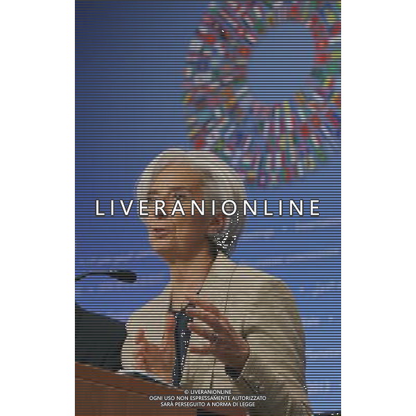(130420) -- WASHINGTON D.C., April 20, 2013 () -- IMF Managing Director Christine Lagarde speaks during the Development Committee press briefing at the IMF headquarters on April 20, 2013 in Washington, D.C. during the IMF and World Bank spring meetings. (/Fang Zhe) (axy) ©photoshot/AGENZIA ALDO LIVERANI SAS - ITALY ONLY - Convegno di primavera del FMI Fondo monetario Internazionale (FMI) e la Banca Mondiale, a Washington DC aprile, 2013.