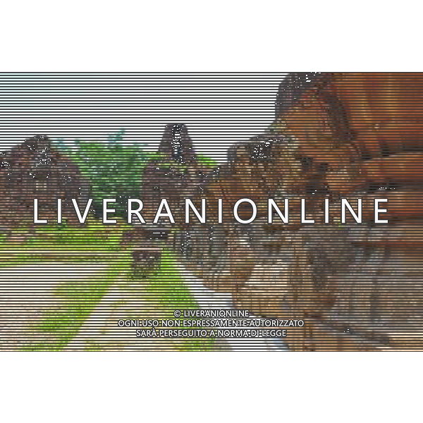 (130429) -- MY SON (VIETNAM), April 29, 2013 () -- Relics of My Son Sanctuary, which was badly wrecked during last century\'s Vietnam War, is seen in central Vietnam, on April 29, 2013. Between the 4th and 13th centuries, a unique culture which owed its spiritual origins to Indian Hinduism developed on the coast of contemporary Vietnam. It was graphically illustrated by the remains of a series of impressive tower-temples located in My Son that was the religious and political capital of the Champa Kingdom for most of its existence. My Son Sanctuary was inscripted in UNESCO\'s World Cultural Heritage list in 1999. (/Zhang Jianhua) (lr) Â©Photoshot/Ag. Aldo Liverani s.a.s.-Only Italy-Editorial Use Only
