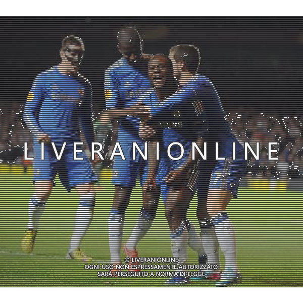 Stamford Bridge Chelsea v Basel (3-1 5-2 agg) 02/05/2013 Europa League Semi-Final 2nd leg Victor Moses (Chelsea) celebrates second goal with Ramires and Eden Hazard Photo: Roger Parker Fotosports International ©photoshot/AGENZIA ALDO LIVERANI SAS - ITALY ONLY - Chelsea - Basilea semifinale di ritorno Europa League 02 maggio 2013
