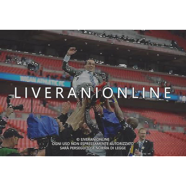 Roberto Martinez Manager Celebrates as Wigan Athlectic Players throw him in the air Wigan Athletic FA Cup Winners 2013 Manchester City V Wigan Athletic (0-1) 11/05/13 FA Cup Final Photo: Robin Parker Fotosports International ©PHOTOSHOT/AGENZIA ALDO LIVERANI SAS - ITALY ONLY - EDITORIAL USE ONLY