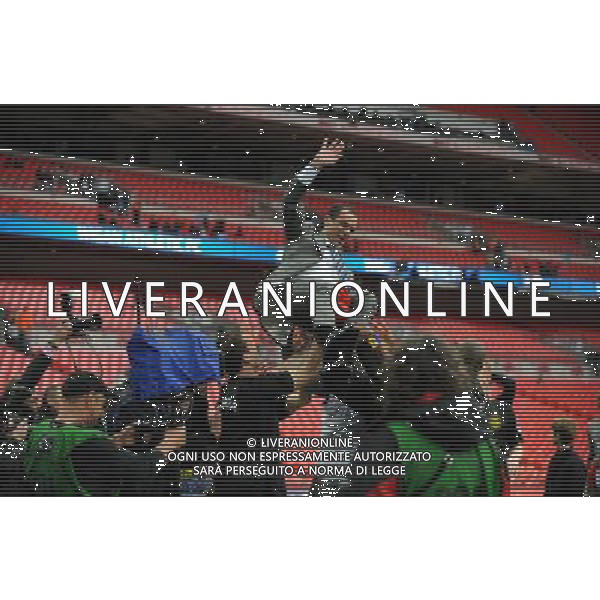 Roberto Martinez Manager Celebrates as Wigan Athlectic Players throw him in the air Wigan Athletic FA Cup Winners 2013 Manchester City V Wigan Athletic (0-1) 11/05/13 FA Cup Final Photo: Robin Parker Fotosports International ©PHOTOSHOT/AGENZIA ALDO LIVERANI SAS - ITALY ONLY - EDITORIAL USE ONLY