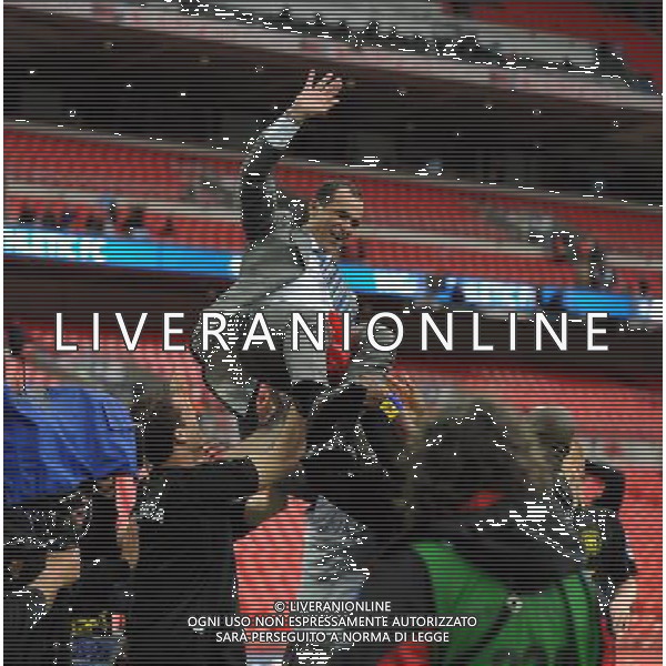 Roberto Martinez Manager Celebrates as Wigan Athlectic Players throw him in the air Wigan Athletic FA Cup Winners 2013 Manchester City V Wigan Athletic (0-1) 11/05/13 FA Cup Final Photo: Robin Parker Fotosports International ©PHOTOSHOT/AGENZIA ALDO LIVERANI SAS - ITALY ONLY - EDITORIAL USE ONLY