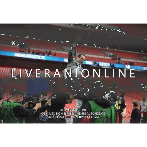 Roberto Martinez Manager Celebrates as Wigan Athlectic Players throw him in the air Wigan Athletic FA Cup Winners 2013 Manchester City V Wigan Athletic (0-1) 11/05/13 FA Cup Final Photo: Robin Parker Fotosports International ©PHOTOSHOT/AGENZIA ALDO LIVERANI SAS - ITALY ONLY - EDITORIAL USE ONLY