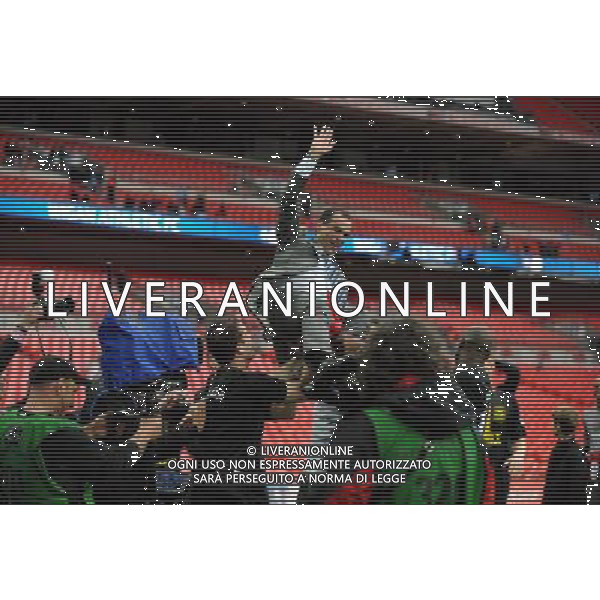 Roberto Martinez Manager Celebrates as Wigan Athlectic Players throw him in the air Wigan Athletic FA Cup Winners 2013 Manchester City V Wigan Athletic (0-1) 11/05/13 FA Cup Final Photo: Robin Parker Fotosports International ©PHOTOSHOT/AGENZIA ALDO LIVERANI SAS - ITALY ONLY - EDITORIAL USE ONLY