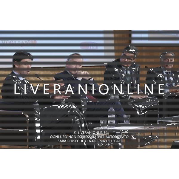 MILANO 20/5/2013 SALA BUZZATI VIA BALZAN, 3 CONVEGNO DELLA GAZZETTA DELLO SPORT: \'IL CALCIO CHE VOGLIAMO\' NELLA FOTO ANDREA AGNELLI, GIANCARLO ABETE E JAMES PALLOTTA FOTO ROMANO/AG ALDO LIVERANI S.A.S.