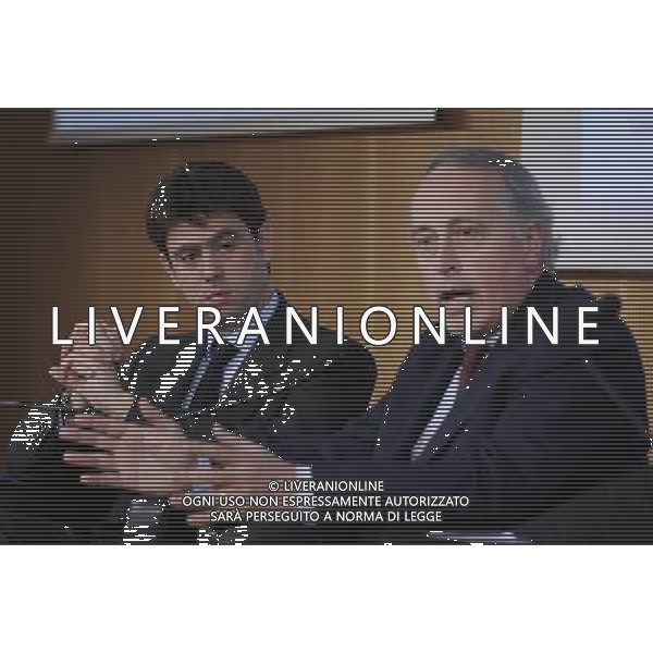 MILANO 20/5/2013 SALA BUZZATI VIA BALZAN, 3 CONVEGNO DELLA GAZZETTA DELLO SPORT: \'IL CALCIO CHE VOGLIAMO\' NELLA FOTO GIANCARLO ABETE ED ANDREA AGNELLI FOTO ROMANO/AG ALDO LIVERANI S.A.S.