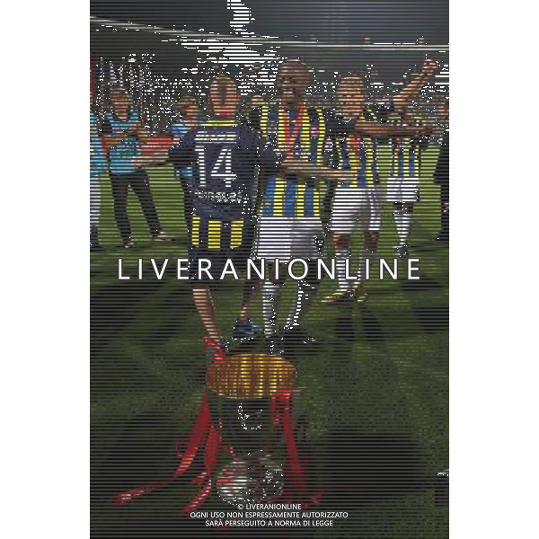 Ziraat Turkish Cup final match between Fenerbahce ( yellow) and Trabzonspor ( blue) at 19 Mayis Stadium in Ankara, Turkey on May 22, 2013. Match Scored: Fenerbahce 1 - Trabzonspor 0 Pictured: Fenerbahce players celebrate after the match. Raul Meireles, Pierre Webo and Dirk Kuyt. ©photoshot/AGENZIA ALDO LIVERANI SAS - ITALY ONLY - Fenerbahce Vs Trabzonspor Finale Coppa di Turchia ad Ankara, in Turchia il 22 maggio 2013.