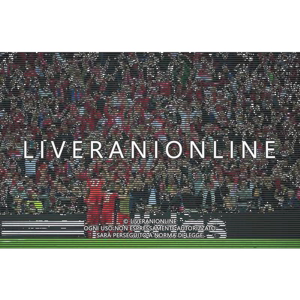 Bayern Munich\'s Mario Mandzukic celebrates scoring his sides first goal with team-mates in front of their fans (Photo by Chris Vaughan/CameraSport) Football - UEFA Champions League Final - Borussia Dortmund v Bayern Munich - Saturday 25th May 2013 - Wembley - London © CameraSport - 43 Linden Ave. Countesthorpe. Leicester. England. LE8 5PG - Tel: +44 (0) 116 277 4147 - admin@camerasport.com - www.camerasport.com AG ALDO LIVERANI S A S ONLY ITALY