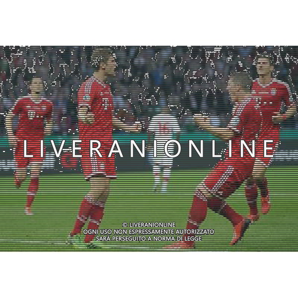 (130602) -- BERLIN, June 2, 2013 () -- Bayern Munich\'s Thomas Mueller (L Front) celebrates scoring with teammates in the German soccer cup (DFB Pokal) final match against VfB Stuttgart in Berlin, Germany, June 1, 2013. Bayern Munich won 3-2 and became the first German club to wrap up a historic treble including the Bundesliga title, German Cup and UEFA Champions League. (/Luo Huanhuan) AG ALDO LIVERANI SAS ONLY ITALY