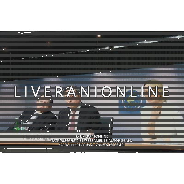 (130606) -- FRANKFURT, June 6, 2013 () -- The European Central Bank (ECB) President Mario Draghi (C) and vice-president Vitor Constancio (L) attend a press conference in Frankfurt, Germany, June 6, 2013. ECB on Thursday left key interest rates unchanged and the benchmark interest rate stands at a record low of 0.5 percent after a cut in May. (/Shen Zhengning) (xzj) /Ag. Aldo Liverani s.a.s.-Only Italy-Editorial Use Only