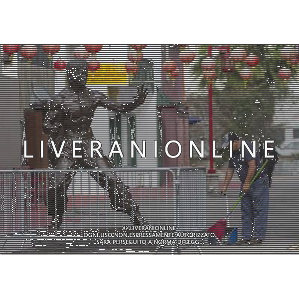 (130617) -- LOS ANGELES, June 17, 2013 () -- Photo taken on June 16, 2013 shows a 7.6-foot-tall bronze statue of martial arts star Bruce Lee in Los Angeles\' Chinatown to mark the neighborhood\'s 75th anniversary. (/Zhao Hanrong) ©Photoshot/AGENZIA ALDO LIVERANI SAS-ITALY ONLY - EDITORIAL USE ONLY