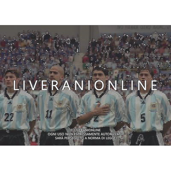 ARGENTINA GIAPPONE CAMPIONATI DEL MONDO FRANCIA 98-14/06/1998 NELLA FOTO JAVIER ZANETTI-SEBASTIAN VERON-ROBERT AYALA-MATIAS ALMEYDA AG ALDO LIVERANI S A S