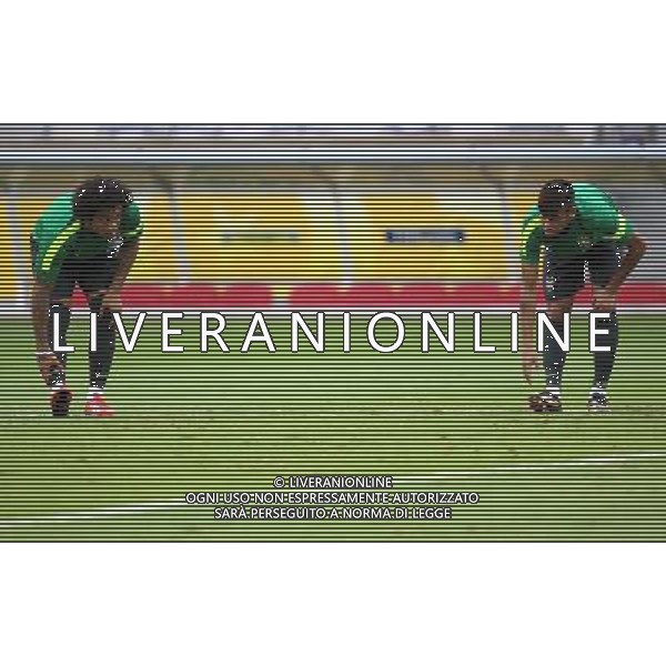 (130626) -- BELO HORIZONTE, June 26, 2013 () -- Brazil\'s Marcelo (L) and Neymar participate in a training session at Mineirao Stadium, in Belo Horizonte, Minas Gerais state, Brazil, on June 25, 2013. Brazil will face Uruguay on June 26, in the semifinal of the FIFA Confederations Cup Brazil 2013. (/Liao Yujie) (itm) ©photoshot/AGENZIA ALDO LIVERANI SAS - ITALY ONLY - Confederations Cup Brasile 2013 - Sessione di allenamento della nazionale Brasiliana allo Stadio Mineirao di Belo Horizonte, Minas Gerais, Brasile, 25 giugno 2013.