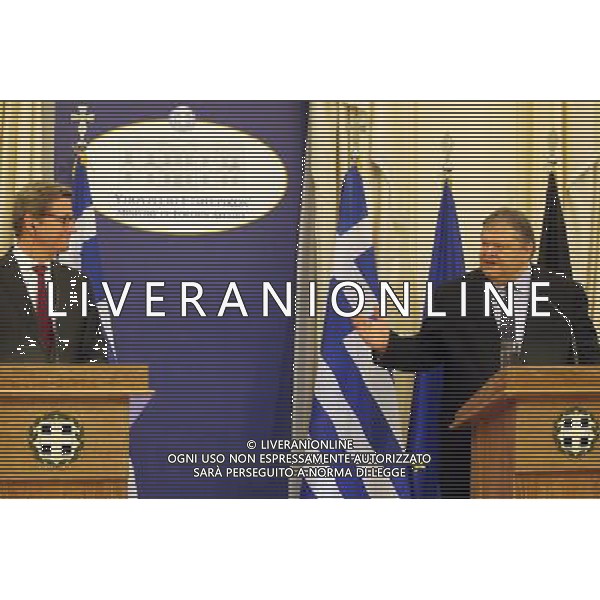 (130703) -- ATHENS, July 3, 2013 () -- Greek Foreign Minister Evangelos Venizelos (R) and his German counterpart Guido Westerwelle attend a press conference in central Athens, Greece, July 3, 2013. The discussion focused on the situation in Greece after the recent government reshuffle, the progress in the implementation of reforms and Greek-German cooperation. (/Marios Lolos) ©Photoshot/AGENZIA ALDO LIVERANI SAS-ITALY ONLY - EDITORIAL USE ONLY
