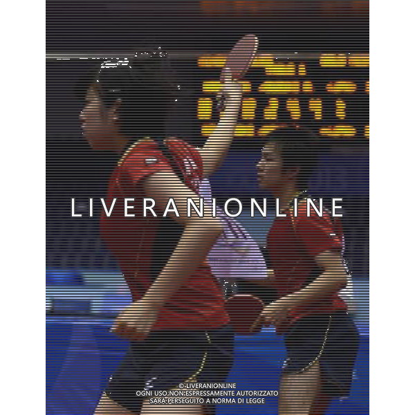 (130714) -- KAZAN, July 14, 2013 () -- Koki Niwa (R) and Misato Niwa of Japan compete during the table tennis mixed doubles final match against Hiromitsu Kasahara and Rika Suzuki of Japan at the 27th Summer Universiade in Kazan, Russia, July 13, 2013. Hiromitsu Kasahara and Rika Suzuki won 4-3. (/Kong Hui) (jyc) ©PHOTOSHOT/AGENZIA ALDO LIVERANI SAS - ITALY ONLY - EDITORIAL USE ONLY