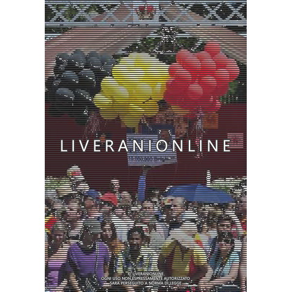 (130721) -- BRUSSELS, July 21, 2013 () -- A man holds balloons of Belgian national flag\'s three-colors with a cardboard writing \'King Philippe \'liked by\' 10.000.000 Belgians\' with other people during the abdication ceremony outside Royal Palace in Brussels, capital of Belgium, on July 21, 2013, the country\'s national day. Prince Philippe was sworn in before parliament as Belgium\'s seventh king on Sunday, after his father Albert II abdicated. (/Ye Pingfan)(xzj) ©photoshot/AGENZIA ALDO LIVERANI SAS - ITALY ONLY - Cerimonia di abdicazione al Palazzo Reale di Bruxelles, il Re del Belgio Alberto II di 79 anni, ha lasciato il trono al suo primogenito il Principe Filippo, il 21 luglio 2013