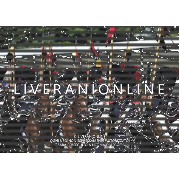 (130721) -- BRUSSELS, July 21, 2013 () -- A Belgian royal cavalrywoman rides in front of Royal Palace with companions during abdication ceremony in Brussels, capital of Belgium, on July 21, 2013, the country\'s national day. Prince Philippe was sworn in before parliament as Belgium\'s seventh king on Sunday, after his father Albert II abdicated. (/Ye Pingfan)(xzj) ©photoshot/AGENZIA ALDO LIVERANI SAS - ITALY ONLY - Cerimonia di abdicazione al Palazzo Reale di Bruxelles, il Re del Belgio Alberto II di 79 anni, ha lasciato il trono al suo primogenito il Principe Filippo, il 21 luglio 2013