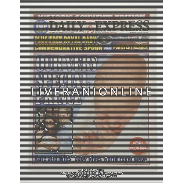Daily Express - front pages of UK British newspapers showing first pictures of the new Prince of the Duke and Duchess of Cambridge ©PHOTOSHOT/AGENZIA ALDO LIVERANI SAS - ITALY ONLY - REALI INGLESI: Le prime pagine dei giornali inglesi mostrano il Principe William e Kate duchessa di Cambridge dopo aver dato alla luce il bambino nell\'ospedale St Mary a Londra Inghilterra 22 luglio 2013