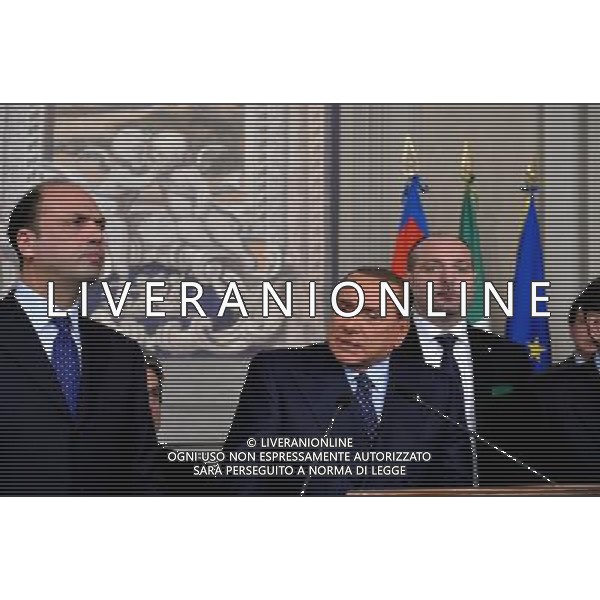 (130801) -- ROME, Aug. 1, 2013 () -- File photo taken on March 21, 2013 shows the then Italian Prime Minister Silvio Berlusconi (C) speaking to the media in Rome. The Italian Supreme Court on Thursday confirmed a jail term conviction for tax fraud while ordering a new appeal trial for ban on public office for former Prime Minister Silvio Berlusconi. (/Xu Nizhi) ©photoshot/AGENZIA ALDO LIVERANI SAS - ITALY ONLY - Lettura della sentenza definitiva Mediaset della Corte Suprema di Cassazione a Palazzo di Giustizia a Roma 01 agosto 2013 che ha confermato la condanna di Silvio Berlusconi