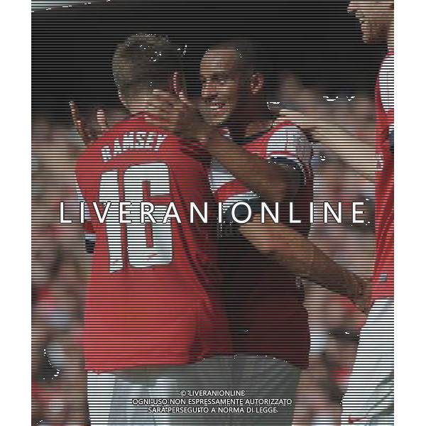 Theo Walcott Celebrates Scoring goal with team mate Aaron Ramsey Arsenal 2013/14 Arsenal V Galatasaray (1-2) 04/08/13 Emirates Cup 2013 Photo: Robin Parker Fotosports International ©PHOTOSHOT/AGENZIA ALDO LIVERANI SAS - ITALY ONLY - EDITORIAL USE ONLY ©photoshot/AGENZIA ALDO LIVERANI SAS - ITALY ONLY - EDITORIAL USE ONLY