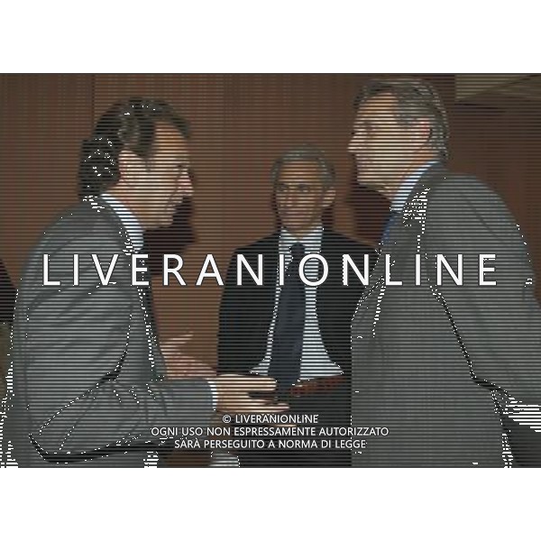 Hotel Gallia Milano 12/10/2004 Riunione dei Presidenti dei Club di serie A e B nella foto Giacinto Facchetti con massimo cellino e luca baraldi foto emilio andreoli/agenzia aldo liverani