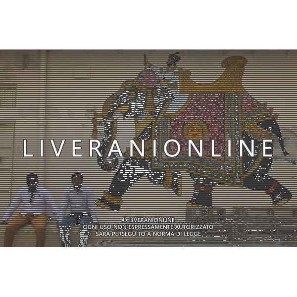 (130811) -- RAJASTHAN, Aug. 11, 2013 () -- Tourists have rests in front of a wall with painting in Udaipur, India\'s Rajasthan, Aug. 11, 2013. Located in the south of India\'s Rajasthan, Udaipur was built by Udai Singh in 16th century along the Pichola Lake. Nowadays, many of the ancient palaces have been converted into luxury hotels. Being rich in lakes, Udaipur is often called the \'Venice of the East\'. Every year, its ancient buildings, arts and craft works attract many visitors from the world. (/Zheng Huansong) ©photoshot/AGENZIA ALDO LIVERANI SAS - ITALY ONLY - Vedute della citta indiana di Udaipur, nel Rajasthan nel sud dell\'India costruita nel 16mo secolo lungo il lago Pichola. Antichi palazzi sono stati trasformati in alberghi di lusso e\' chiamata la \'Venezia d\'Oriente\' e attira molti turisti da tutto il mondo