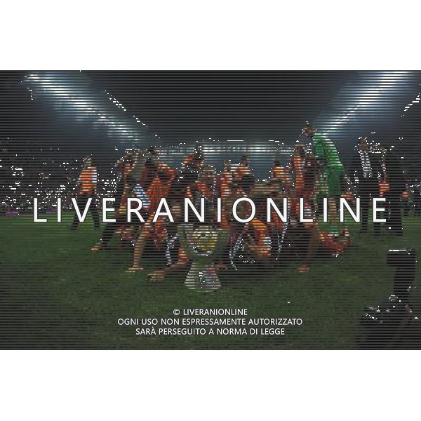 Turkish supercup match between Fenerbahce and Galatasaray at Kadir Has Stadium in Kayseri on August 11, 2013. Match Scored: Fenerbahce 0 - Galatasaray 1 Pictured: Players of Galatasaray celebrate winning the Turkey supercup. TURCJA SUPER PUCHAR LIGA TURECKA PILKA NOZNA SEZON 2013/2014 FOT.SESKIM PHOTO/NEWSPIX.PL TURKEY, GERMANY, AUSTRIA AND UK OUT !!! --- Newspix.pl AG ALDO LIVERANI SAS ONLY ITALY *** Local Caption *** www.newspix.pl mail us: info@newspix.pl call us: 0048 022 23 22 222 --- Polish Picture Agency by Ringier Axel Springer Poland