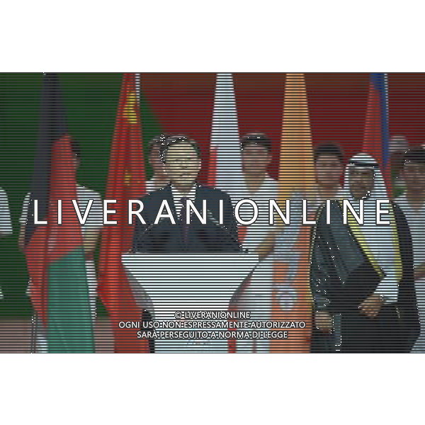 (130816) -- NANJING, Aug. 16, 2013 () -- Li Xueyong £ÂFront), president of the Organizing Committee of the 2013 Asian Youth Games and governor of east China\'s Jiangsu Province, delivers a speech during the opening ceremony of the 2013 Asian Youth Games in Nanjing, capital of Jiangsu, on Aug. 16, 2013. (/Li Ziheng) ©photoshot/AGENZIA ALDO LIVERANI SAS - ITALY ONLY - Cerimonia di apertura dei Giochi della Gioventu\' 2013 asiatici a Nanjing capitale della Cina orientale nella provincia del Jiangsu, il 16 agosto 2013.
