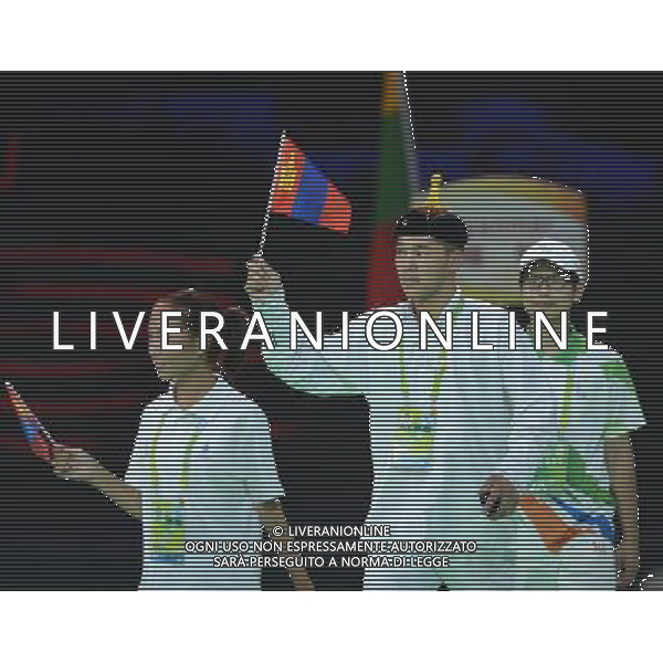(130816) -- NANJING, Aug. 16, 2013 () -- Mongolian Delegation enters the gym during the opening ceremony of the 2013 Asian Youth Games in Nanjing, capital of east China\'s Jiangsu Province, on Aug. 16, 2013. (/Zhao Peng) ©photoshot/AGENZIA ALDO LIVERANI SAS - ITALY ONLY - Cerimonia di apertura dei Giochi della Gioventu\' 2013 asiatici a Nanjing capitale della Cina orientale nella provincia del Jiangsu, il 16 agosto 2013.
