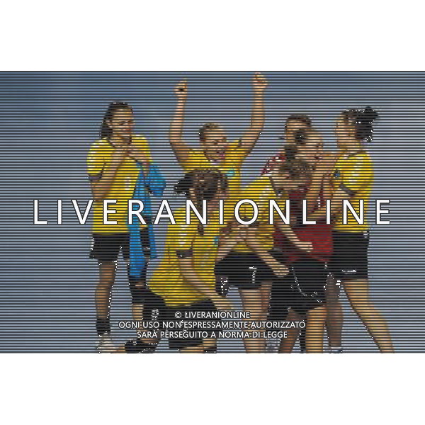 (130818) -- NANJING , Aug. 18, 2013 () -- Kazakstan\'s players celebrate after the women\'s handball single round against Thailand at 2013 Asian Youth Games in Nanjing, capital of east China\'s Jiangsu Province, on Aug. 18, 2013. Kazakstan won the match 31-29. (/Li Mangmang) ©PHOTOSHOT/AGENZIA ALDO LIVERANI SAS - ITALY ONLY - Giochi della Gioventu\' 2013 asiatici a Nanjing capitale della Cina orientale nella provincia del Jiangsu, agosto 2013.
